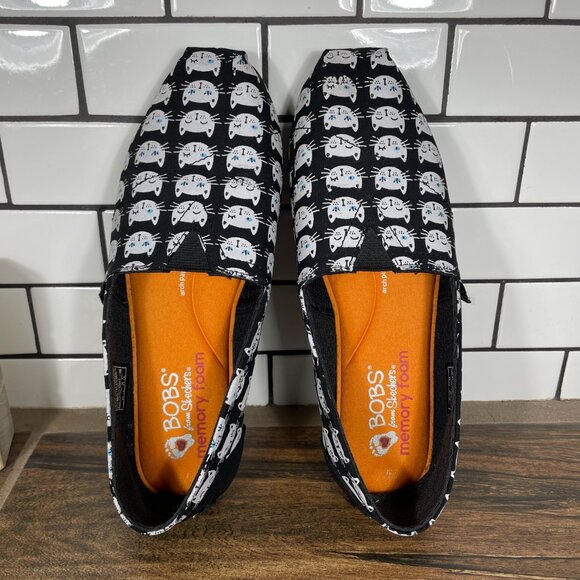 Skechers BOBS Plush Happy Meow Womens Size 7 Shoes Black White Slip On Flats - Picture 6 of 14
